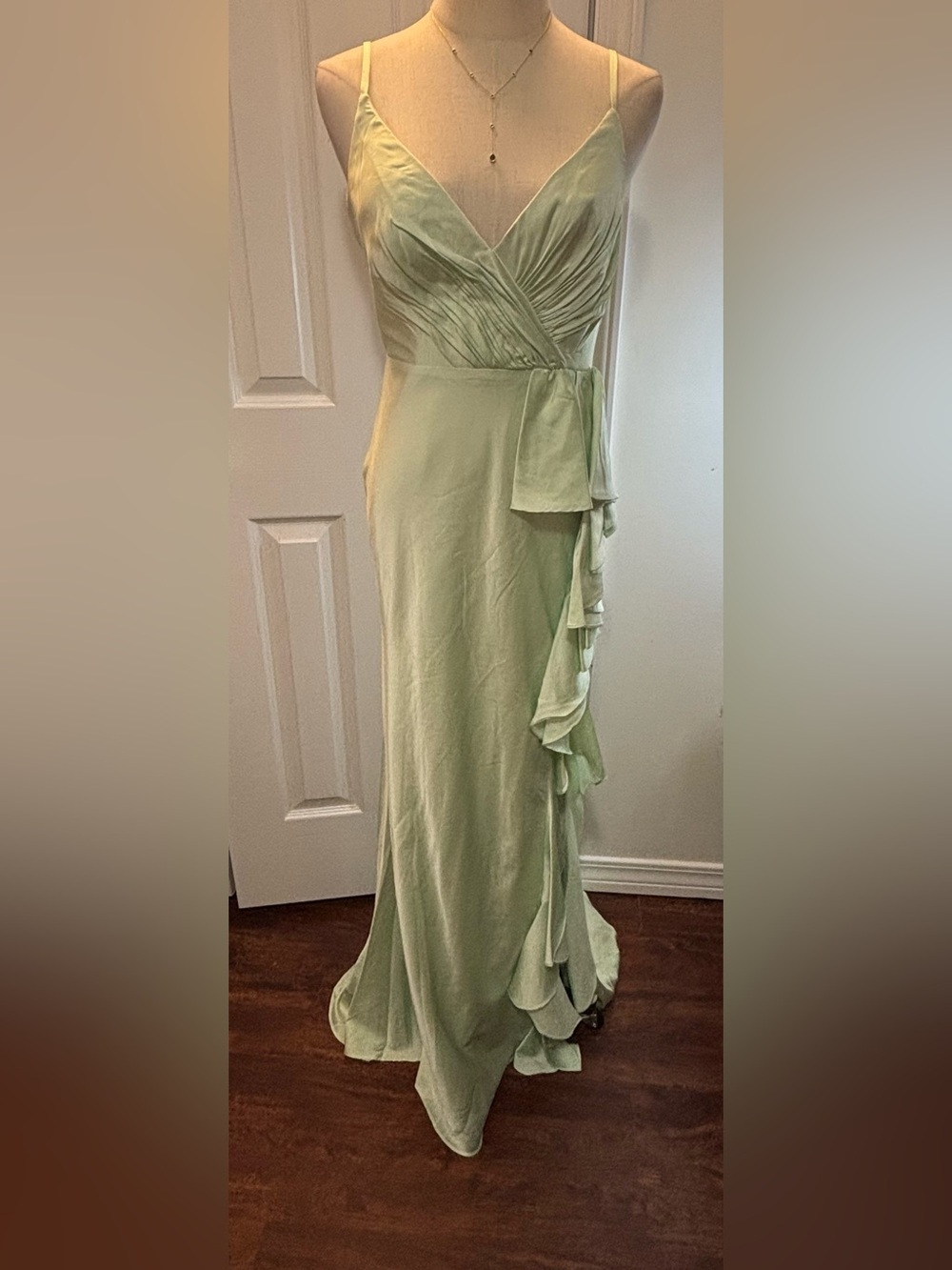 IEENA For Mac Duggal Pistachio Green Ruffle Asymmetrical Satin Eve Gown #67815 - Picture 2 of 13